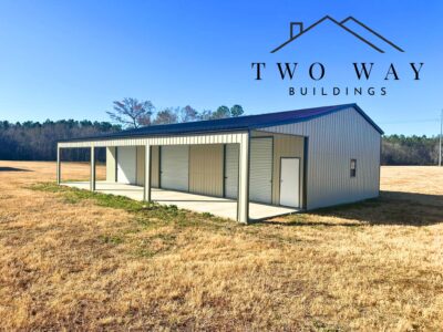 Pebble Beige steel workshop with roll-up doors installed in Waycross GA