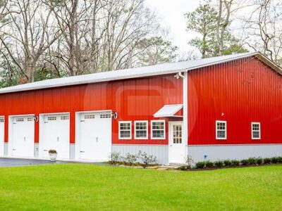 Four Bay Red and Pewter Gray Metal Garage Waycross Ga